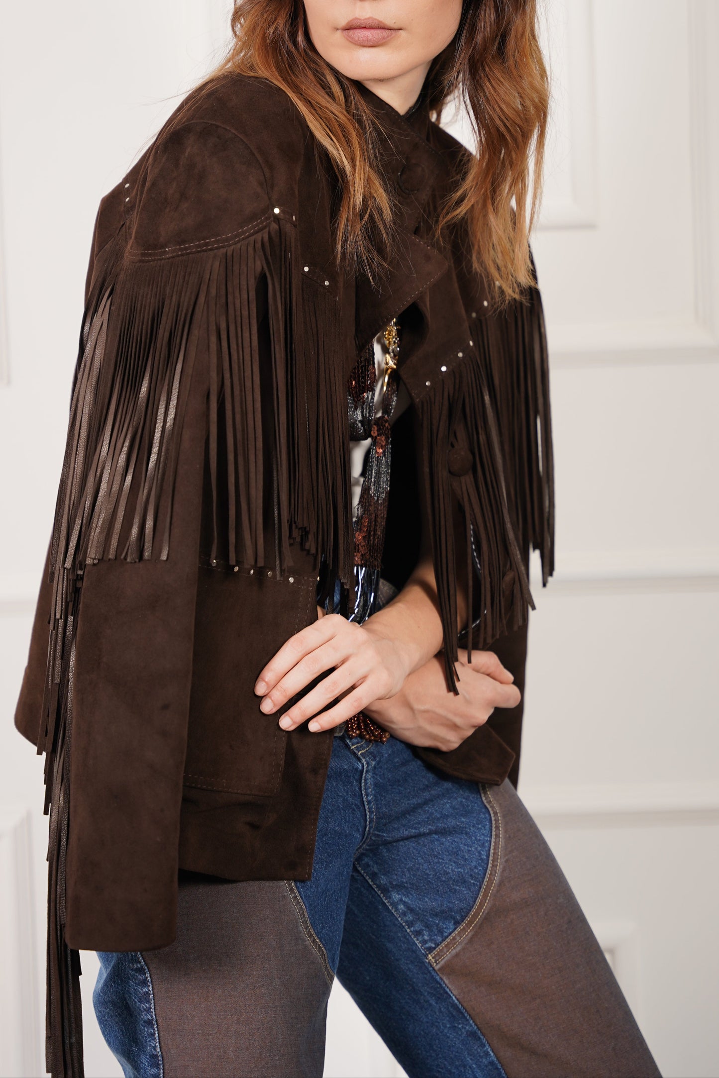Chaqueta Suede Fringe Chocolate